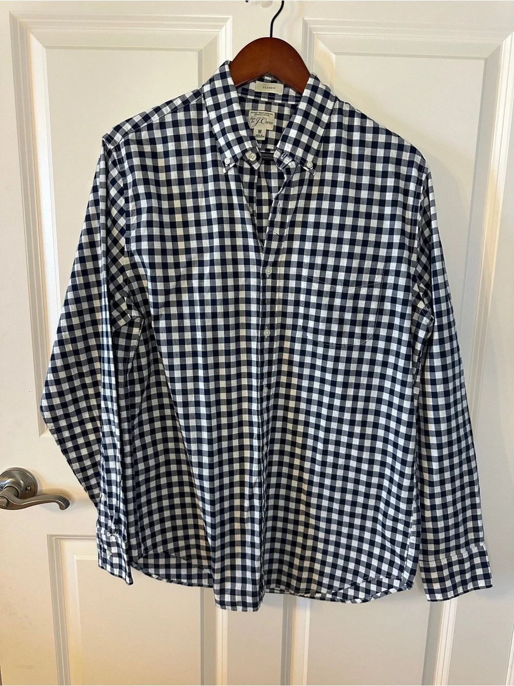 J.Crew Secret Wash Organic Cotton Gingham Button Down Shirt Blue White Classic
